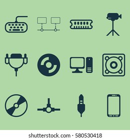 Set Of 12 Computer Hardware Icons. Includes Computer Keypad, Aux Cord, Network Structure And Other Symbols. Beautiful Design Elements.
