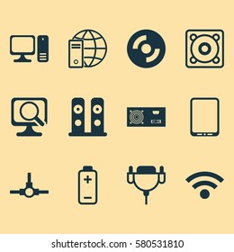 Set Of 12 Computer Hardware Icons. Includes Desktop Computer, Laptop, Music And Other Symbols. Beautiful Design Elements.