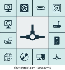 Set Of 12 Computer Hardware Icons. Includes Computer Keypad, Music, Laptop And Other Symbols. Beautiful Design Elements.