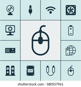 Set Of 12 Computer Hardware Icons. Includes PC, Loudspeakers, Power Generator And Other Symbols. Beautiful Design Elements.