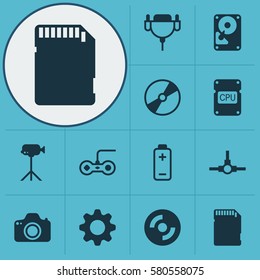 Set Of 12 Computer Hardware Icons. Includes Network Structure, Battery, Cd-Rom And Other Symbols. Beautiful Design Elements.