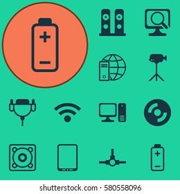 Set Of 12 Computer Hardware Icons. Includes Internet Network, Blank Cd, Camcorder And Other Symbols. Beautiful Design Elements.