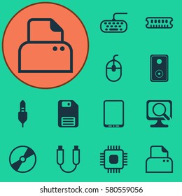 Set Of 12 Computer Hardware Icons. Includes Dynamic Memory, Audio Device, File Scanner And Other Symbols. Beautiful Design Elements.