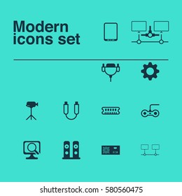Set Of 12 Computer Hardware Icons. Includes Laptop, Power Generator, Loudspeakers And Other Symbols. Beautiful Design Elements.
