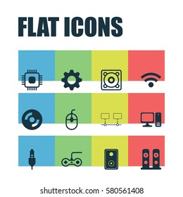 Set Of 12 Computer Hardware Icons. Includes Music, Control Device, Loudspeakers And Other Symbols. Beautiful Design Elements.