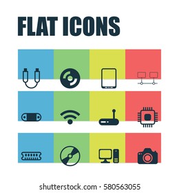 Set Of 12 Computer Hardware Icons. Includes Chip, Blank Cd, Radio Set And Other Symbols. Beautiful Design Elements.