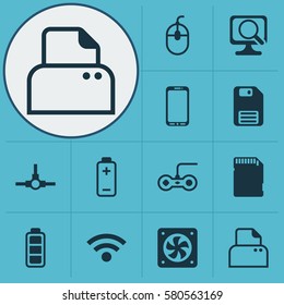 Set Of 12 Computer Hardware Icons. Includes Joystick, File Scanner, Laptop And Other Symbols. Beautiful Design Elements.