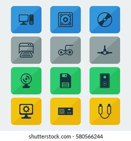 Set Of 12 Computer Hardware Icons. Includes Web Camera, Music, Power Generator And Other Symbols. Beautiful Design Elements.