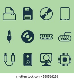 Set Of 12 Computer Hardware Icons. Includes Cellphone, Chip, Aux Cord And Other Symbols. Beautiful Design Elements.