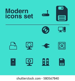 Set Of 12 Computer Hardware Icons. Includes Music, Connector, Dynamic Memory And Other Symbols. Beautiful Design Elements.