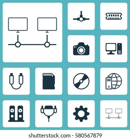 Set Of 12 Computer Hardware Icons. Includes Vga Cord, Network Structure, Loudspeakers And Other Symbols. Beautiful Design Elements.