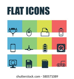 Set Of 12 Computer Hardware Icons. Includes Computer Ventilation, Diskette, Smartphone And Other Symbols. Beautiful Design Elements.