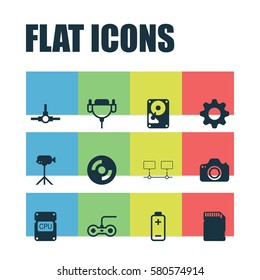 Set Of 12 Computer Hardware Icons. Includes Camera, Camcorder, Vga Cord And Other Symbols. Beautiful Design Elements.