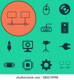 Set Of 12 Computer Hardware Icons. Includes Camcorder, Blank Cd, Aux Cord And Other Symbols. Beautiful Design Elements.