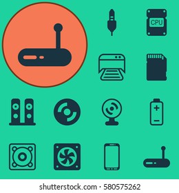 Set Of 12 Computer Hardware Icons. Includes Aux Cord, Loudspeakers, Router And Other Symbols. Beautiful Design Elements.