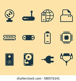 Set Of 12 Computer Hardware Icons. Includes Internet Network, Chip, Hdd And Other Symbols. Beautiful Design Elements.