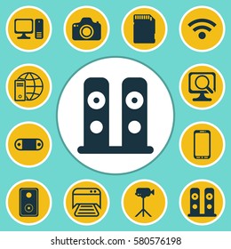 Set Of 12 Computer Hardware Icons. Includes Smartphone, Radio Set, Wireless And Other Symbols. Beautiful Design Elements.