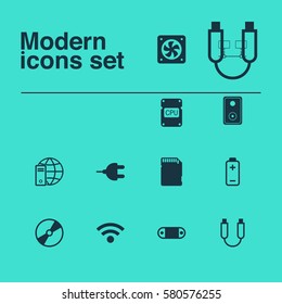 Set Of 12 Computer Hardware Icons. Includes Radio Set, Cpu, Audio Device And Other Symbols. Beautiful Design Elements.