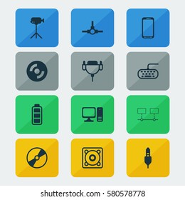 Set Of 12 Computer Hardware Icons. Includes Network Structure, Camcorder, Smartphone And Other Symbols. Beautiful Design Elements.