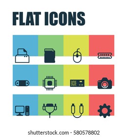 Set Of 12 Computer Hardware Icons. Includes Memory Card, Chip, Portable Memory And Other Symbols. Beautiful Design Elements.