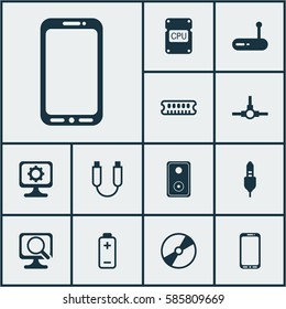 Set Of 12 Computer Hardware Icons. Includes Smartphone, Cd-Rom, Cpu And Other Symbols. Beautiful Design Elements.