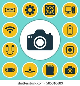 Set Of 12 Computer Hardware Icons. Includes Chip, Camera, Computer Ventilation And Other Symbols. Beautiful Design Elements.