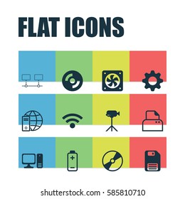 Set Of 12 Computer Hardware Icons. Includes Diskette, Cd-Rom, Computer Ventilation And Other Symbols. Beautiful Design Elements.