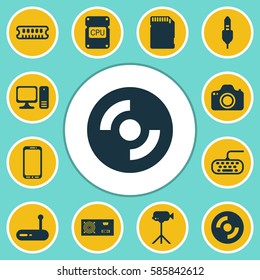 Set Of 12 Computer Hardware Icons. Includes Dynamic Memory, Desktop Computer, Blank Cd And Other Symbols. Beautiful Design Elements.