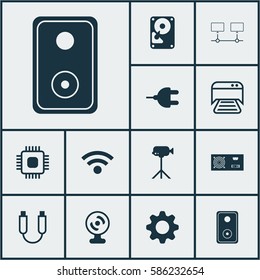 Set Of 12 Computer Hardware Icons. Includes Power Generator, Printed Document, Chip And Other Symbols. Beautiful Design Elements.