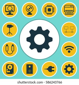 Set Of 12 Computer Hardware Icons. Includes Connected Devices, Wireless, Audio Device And Other Symbols. Beautiful Design Elements.