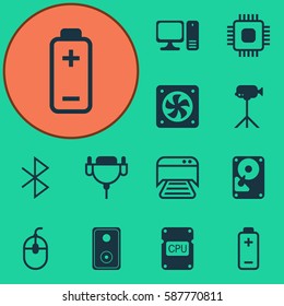 Set Of 12 Computer Hardware Icons. Includes Hdd, Printed Document, Wireless Connection And Other Symbols. Beautiful Design Elements.