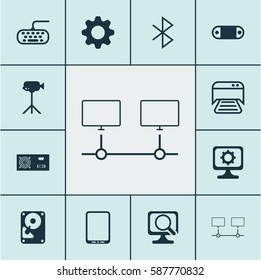 Set Of 12 Computer Hardware Icons. Includes Wireless Connection, Laptop, PC And Other Symbols. Beautiful Design Elements.