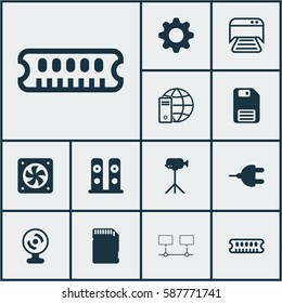 Set Of 12 Computer Hardware Icons. Includes Diskette, Settings, Dynamic Memory And Other Symbols. Beautiful Design Elements.