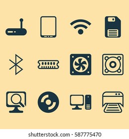 Set Of 12 Computer Hardware Icons. Includes Dynamic Memory, Blank Cd, Printed Document And Other Symbols. Beautiful Design Elements.