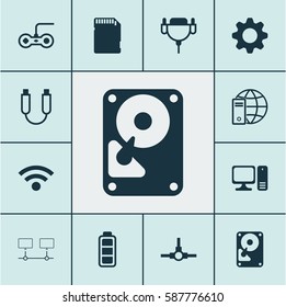 Set Of 12 Computer Hardware Icons. Includes Memory Card, Network Structure, Portable Memory And Other Symbols. Beautiful Design Elements.