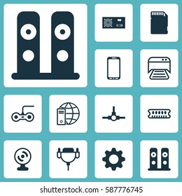Set Of 12 Computer Hardware Icons. Includes Vga Cord, Internet Network, Loudspeakers And Other Symbols. Beautiful Design Elements.