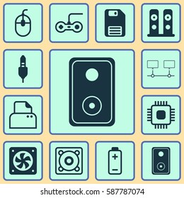 Set Of 12 Computer Hardware Icons. Includes Computer Ventilation, Chip, Connected Devices And Other Symbols. Beautiful Design Elements.