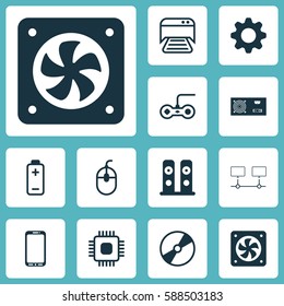 Set Of 12 Computer Hardware Icons. Includes Printed Document, Computer Ventilation, Control Device And Other Symbols. Beautiful Design Elements.