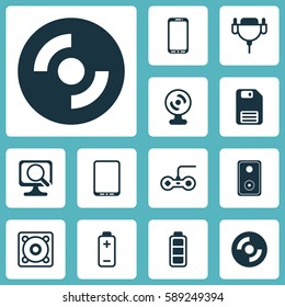 Set Of 12 Computer Hardware Icons. Includes Smartphone, Diskette, Blank Cd And Other Symbols. Beautiful Design Elements.