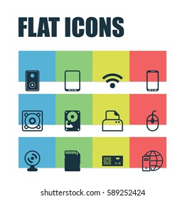 Set Of 12 Computer Hardware Icons. Includes File Scanner, Audio Device, Wireless And Other Symbols. Beautiful Design Elements.