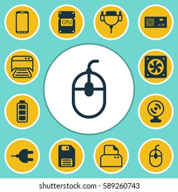 Set Of 12 Computer Hardware Icons. Includes Smartphone, Connector, Cpu And Other Symbols. Beautiful Design Elements.