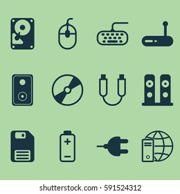 Set Of 12 Computer Hardware Icons. Includes Internet Network, Router, Portable Memory And Other Symbols. Beautiful Design Elements.