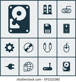 Set Of 12 Computer Hardware Icons. Includes Hdd, Connector, Control Device And Other Symbols. Beautiful Design Elements.