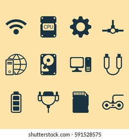 Set Of 12 Computer Hardware Icons. Includes Portable Memory, Joystick, Accumulator Sign And Other Symbols. Beautiful Design Elements.