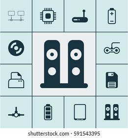 Set Of 12 Computer Hardware Icons. Includes Accumulator Sign, Battery, Joystick And Other Symbols. Beautiful Design Elements.