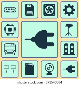 Set Of 12 Computer Hardware Icons. Includes Chip, Camcorder, Connector And Other Symbols. Beautiful Design Elements.