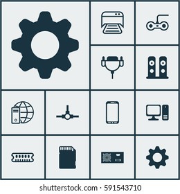 Set Of 12 Computer Hardware Icons. Includes Power Generator, Smartphone, Dynamic Memory And Other Symbols. Beautiful Design Elements.