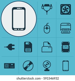 Set Of 12 Computer Hardware Icons. Includes Cd-Rom, Connector, File Scanner And Other Symbols. Beautiful Design Elements.