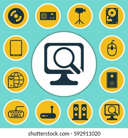 Set Of 12 Computer Hardware Icons. Includes Blank Cd, Hdd, Laptop And Other Symbols. Beautiful Design Elements.