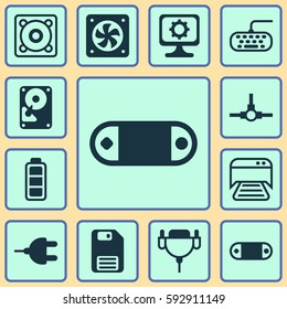 Set Of 12 Computer Hardware Icons. Includes Printed Document, Diskette, Connector And Other Symbols. Beautiful Design Elements.